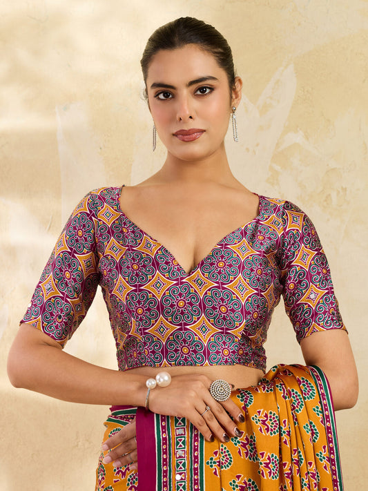 Marigold Yellow Ajrakh Print Mirror Work Modal Satin Saree