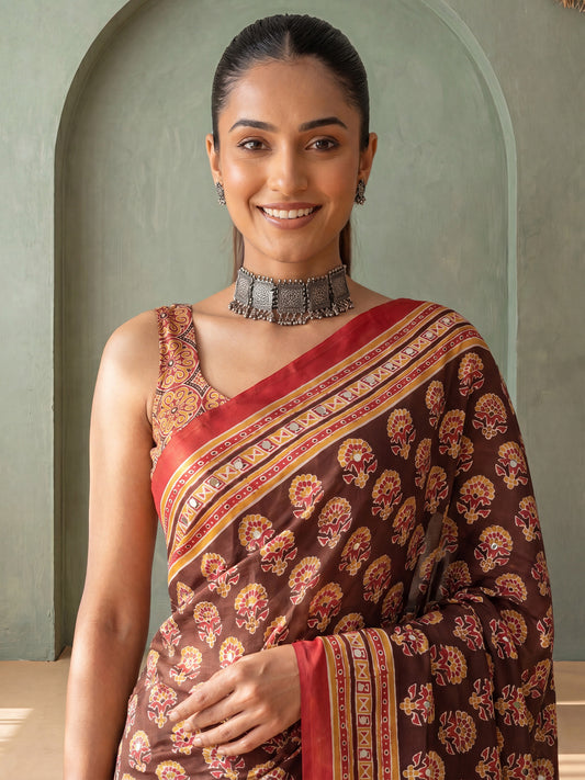 Chocolate Brown Ajrakh Print & Mirror Work Satin Saree