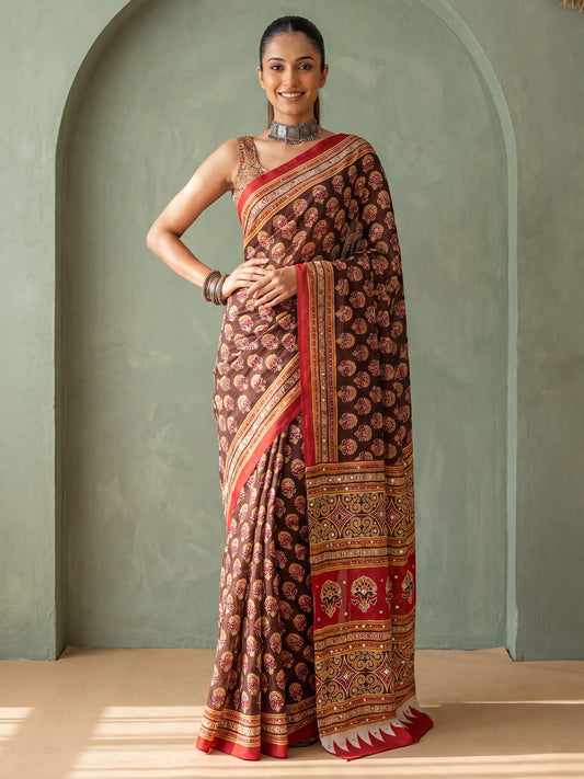 Chocolate Brown Ajrakh Print & Mirror Work Satin Saree