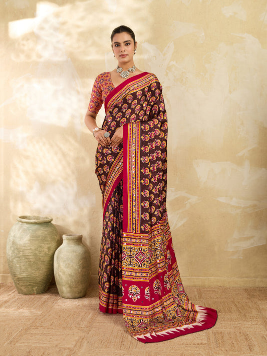 Chocolate Brown Ajrakh Print Mirror Work Modal Satin Saree