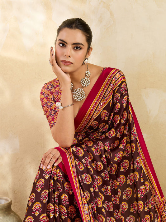 Chocolate Brown Ajrakh Print Mirror Work Modal Satin Saree