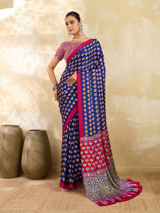 Royal Blue Ajrakh Print Mirror Saree