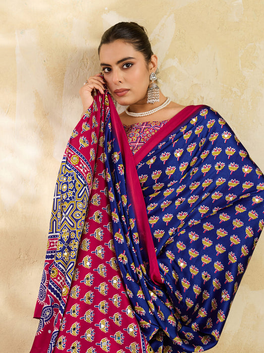 Royal Blue Ajrakh Print Mirror Saree