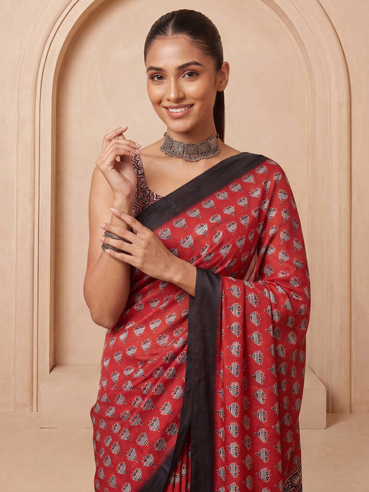 Crimson Red Ajrakh Print & Mirror Work Satin Saree