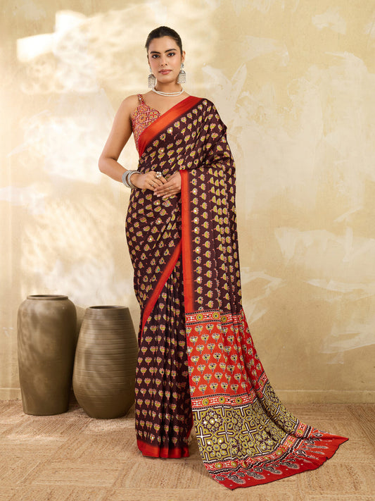 Espresso Brown Ajrakh Print Mirror Saree