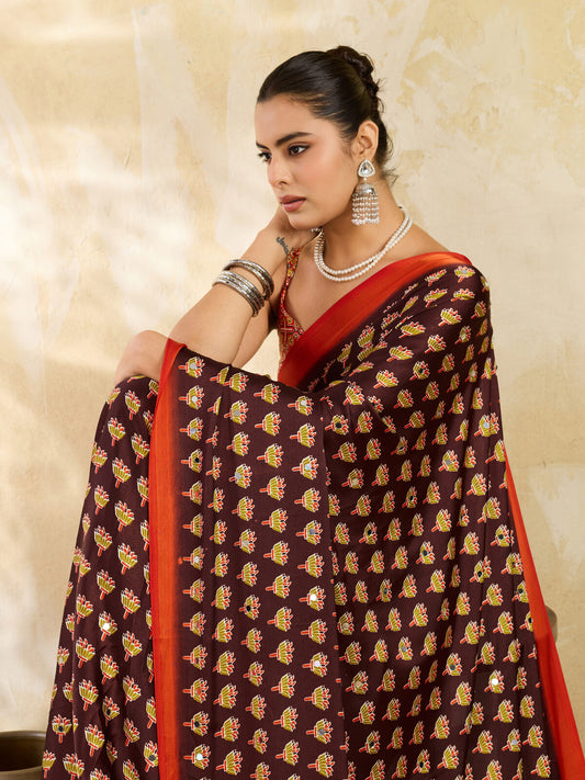 Espresso Brown Ajrakh Print Mirror Saree