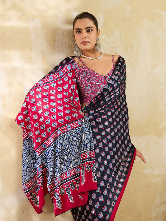 Navy Blue Ajrakh Print Mirror Saree