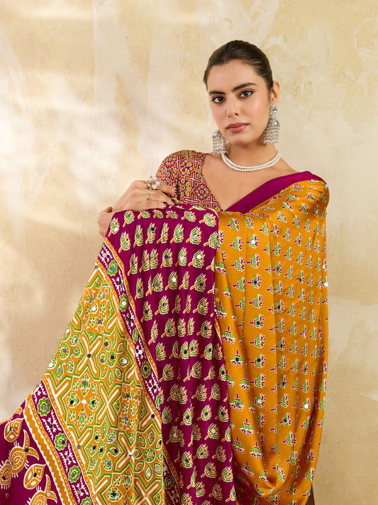 Mustard Yellow Ajrakh Print Mirror Saree