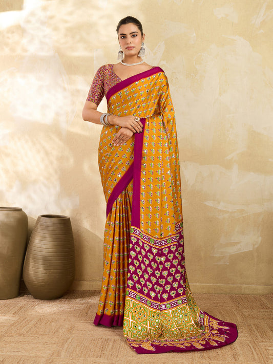 Mustard Yellow Ajrakh Print Mirror Saree