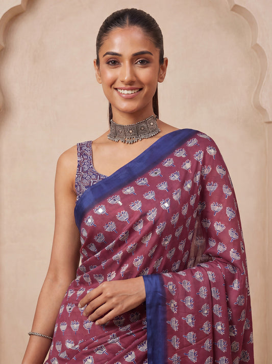 Purple Ajrakh Print & Mirror Work Satin Saree