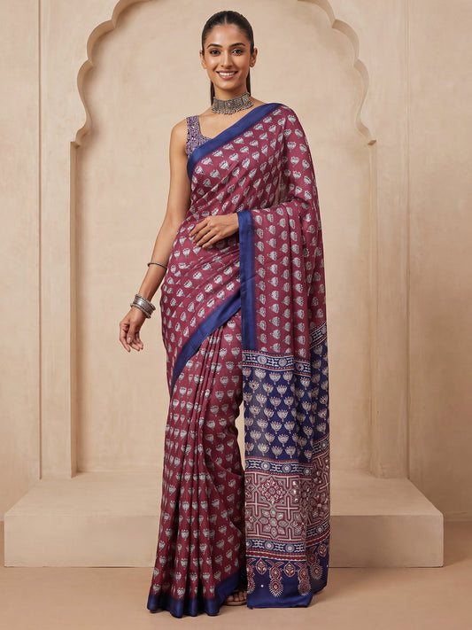 Purple Ajrakh Print & Mirror Work Satin Saree