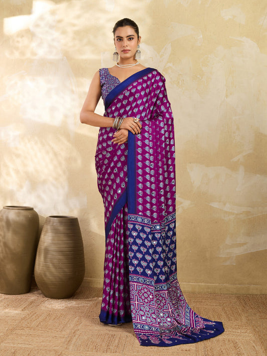 Magenta Ajrakh Print Mirror Saree