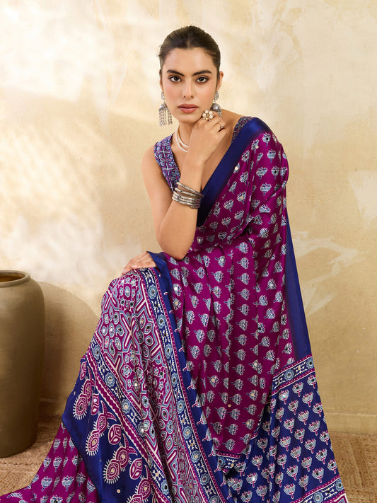 Magenta Ajrakh Print Mirror Saree