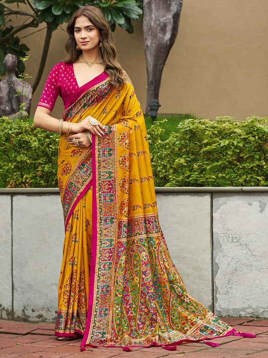 Mustard Yellow & Magenta Pink Kashmiri Pashmina Saree