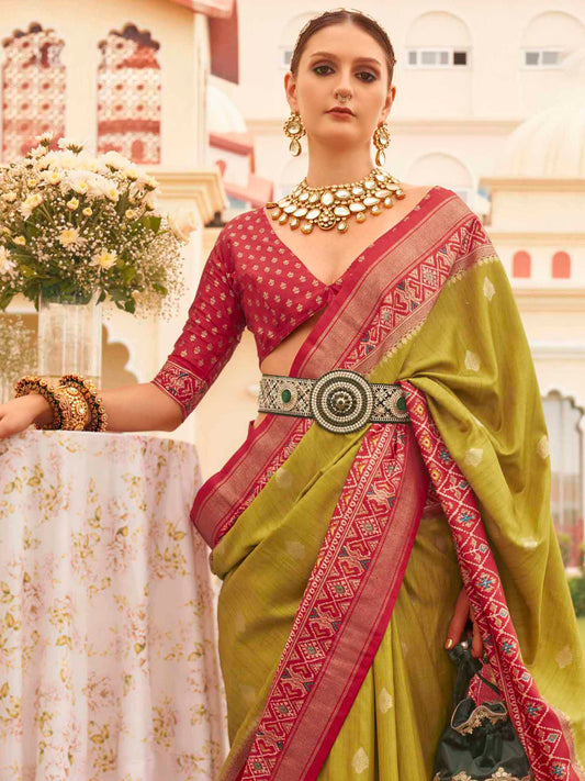 Mehndi Green & Crimson Red Patola Silk Saree with Woven Blouse