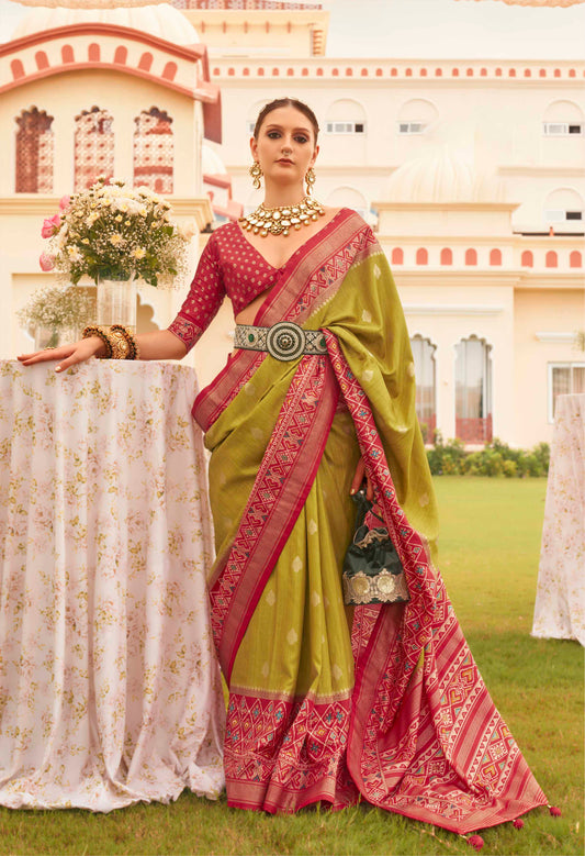 Mehndi Green & Crimson Red Patola Silk Saree with Woven Blouse