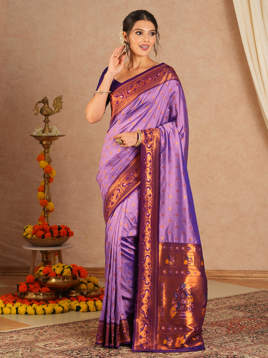 Lavender Paithani Silk Saree with Zari Border