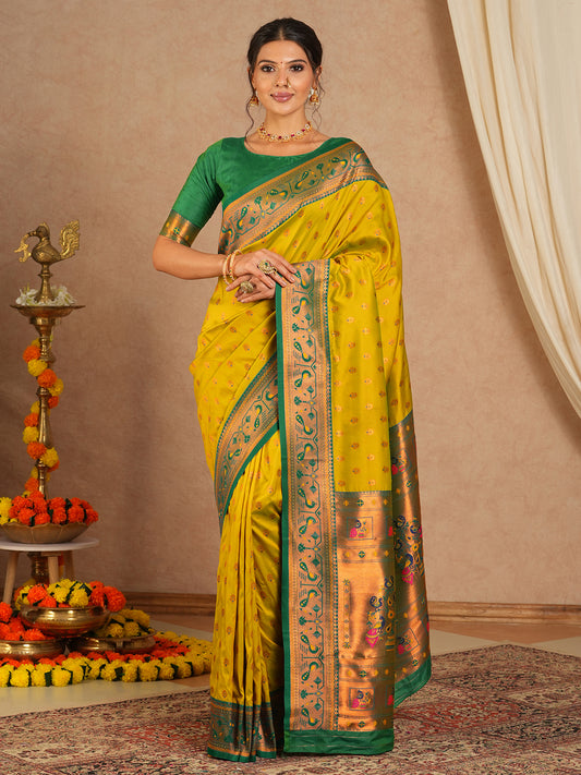 Yellow & Green Silk Blend Heritage Banarasi Style Saree