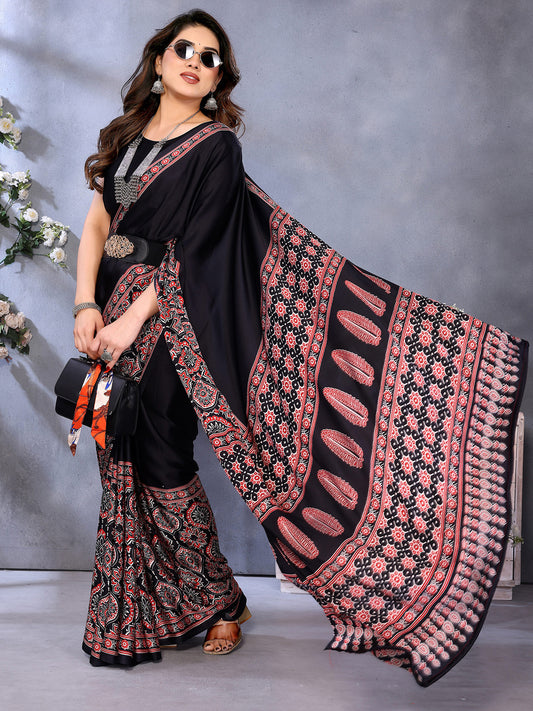 Black Crepe Saree with Ajrakh Block Print Border
