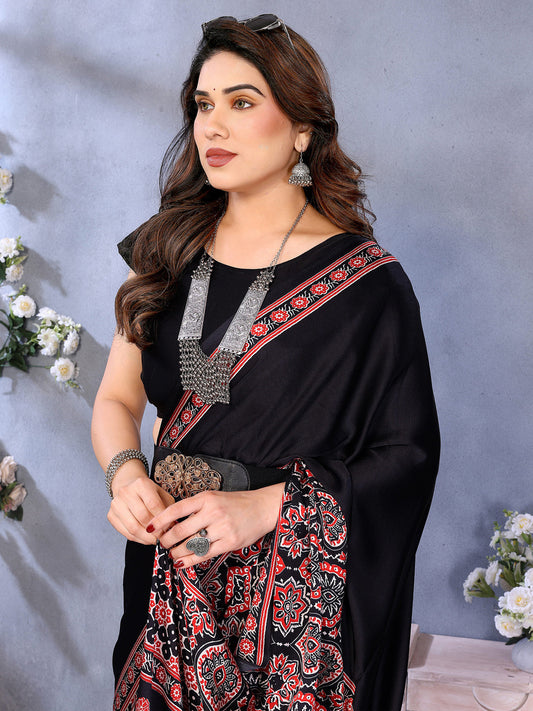 Black Crepe Saree with Ajrakh Block Print Border