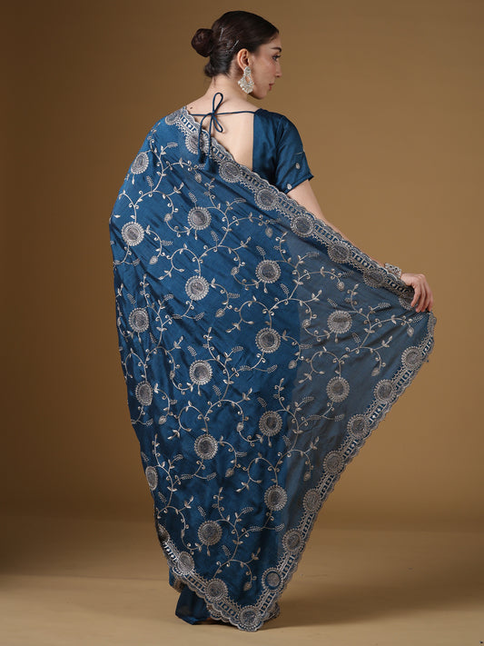 Teal Blue Georgette Saree with Scalloped Border