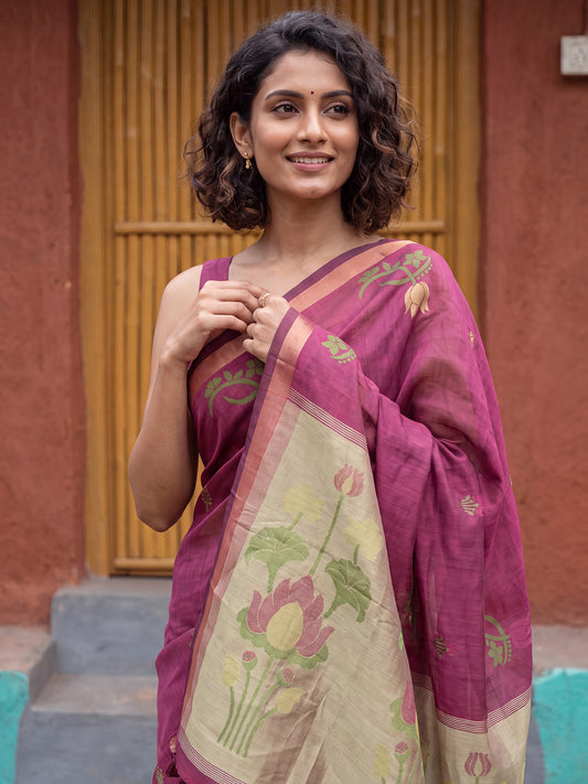 Magenta Lotus Zari Motifs Cotton Saree
