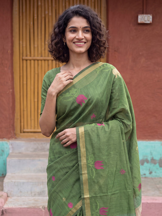 Olive Green Lotus Zari Motifs Woven Cotton Saree