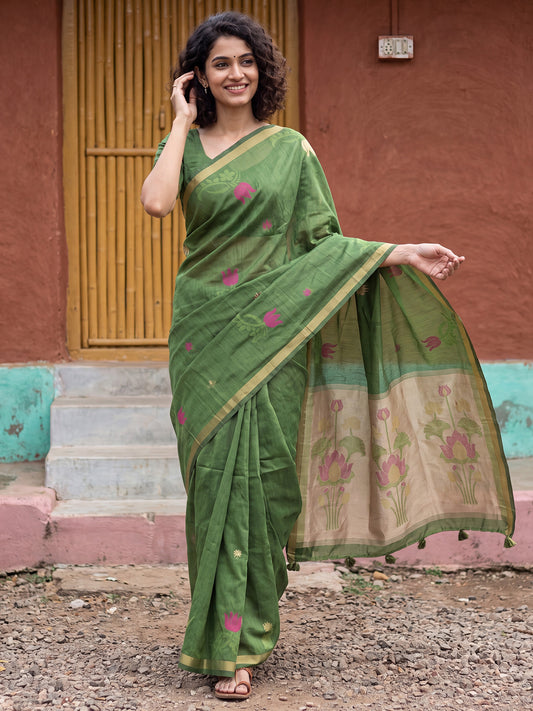 Olive Green Lotus Zari Motifs Woven Cotton Saree