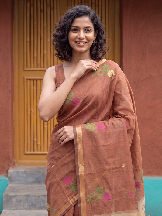 Brown Lotus Zari Motifs Woven Cotton Saree