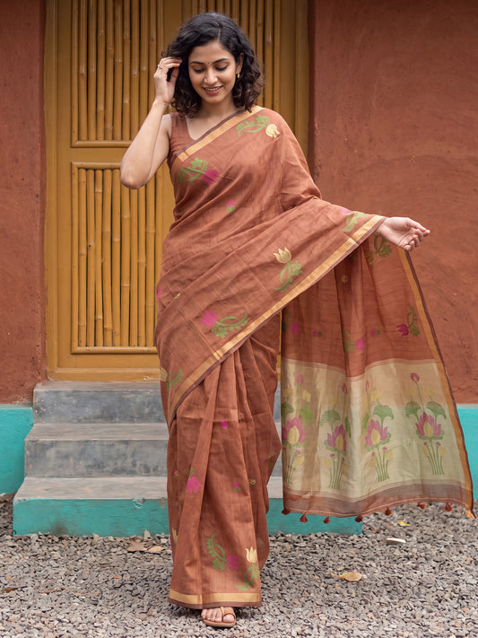Brown Lotus Zari Motifs Woven Cotton Saree