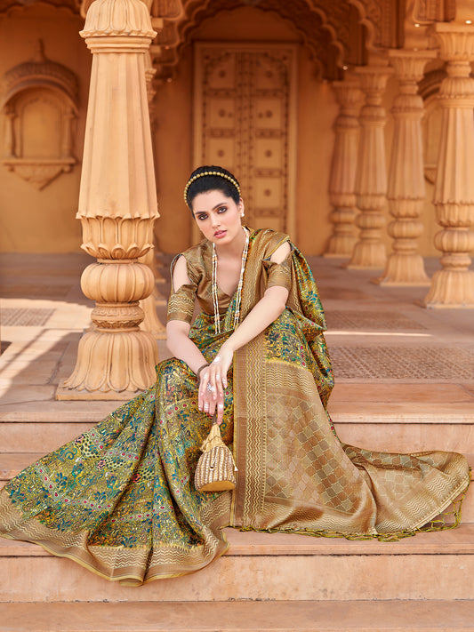 Mustard Yellow & Olive Green Silk Blend Saree