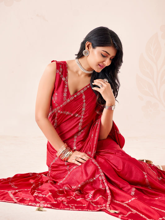 Gandhali Red Embellished Chiffon Saree with Embellished Border & Red Blouse Piece