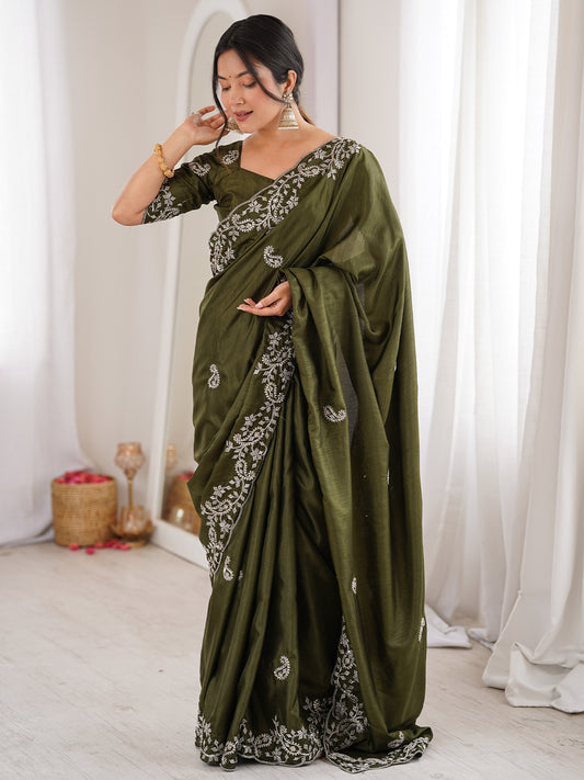 Olive Green Georgette Saree with Scalloped Embroidery