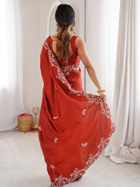 Rust Orange Georgette Saree with Scalloped Embroidery
