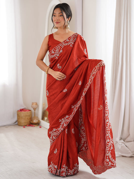 Rust Orange Georgette Saree with Scalloped Embroidery