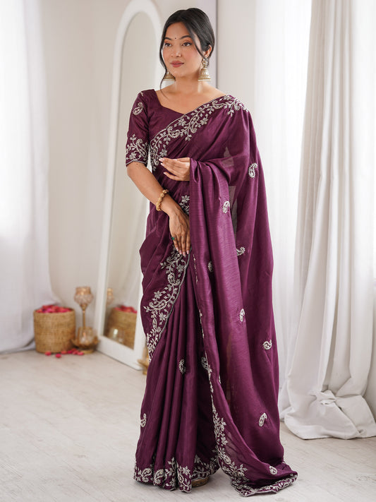 Wine Georgette Saree with Scalloped Embroidery