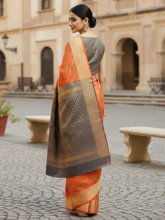 Vibrant Orange Banarasi Organza Saree with All-Over Gold Zari Weave & Slate Blue Contrast Pallu