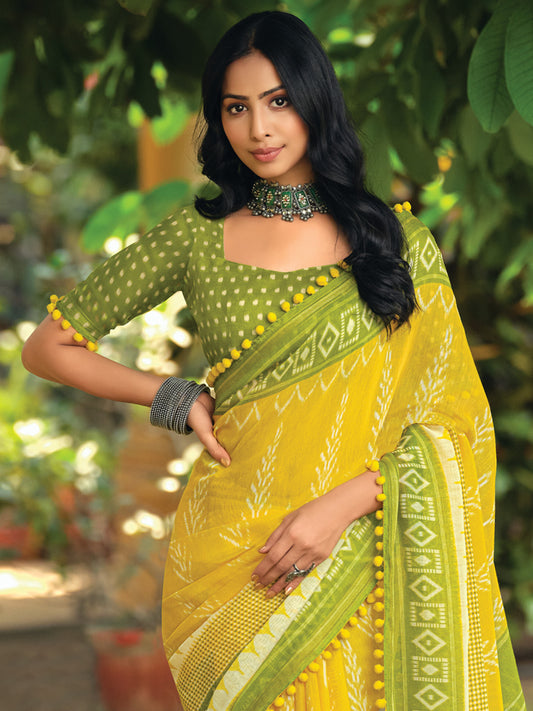 Yellow & Green Ikkat Geometric Print