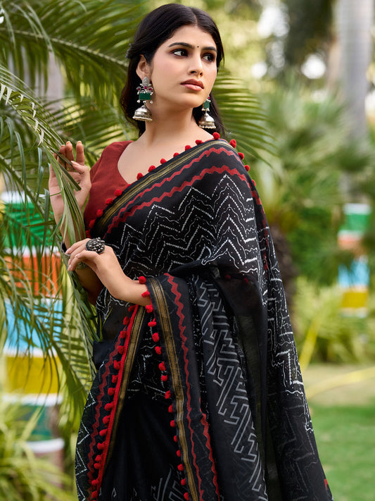 Jet Black Cotton Saree