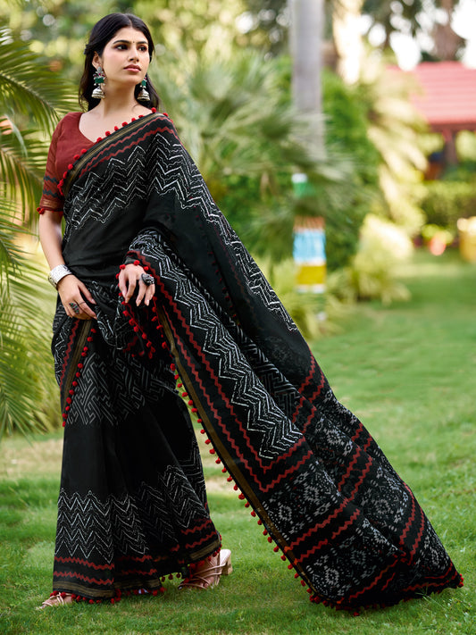 Jet Black Cotton Saree