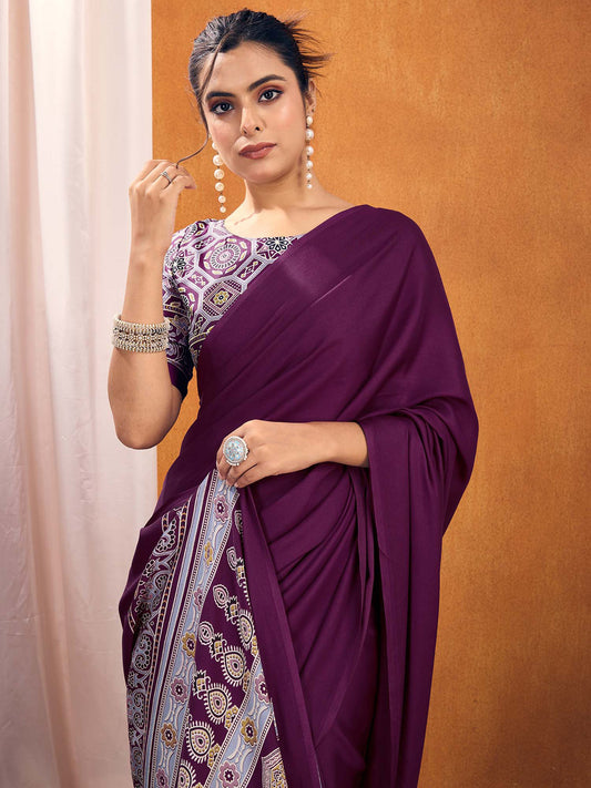 Wine Heritage Print Satin Silk Saree