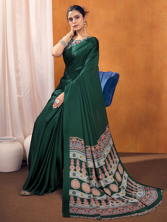 Royal Emerald Green Satin-Silk Saree with Ajrakh-Inspired Pallu & Printed Blouse