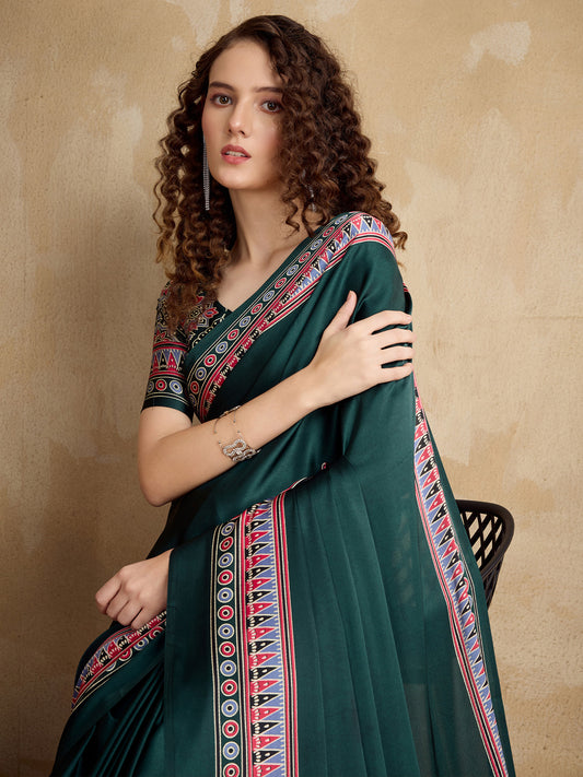 Deep Green Satin Crape Saree