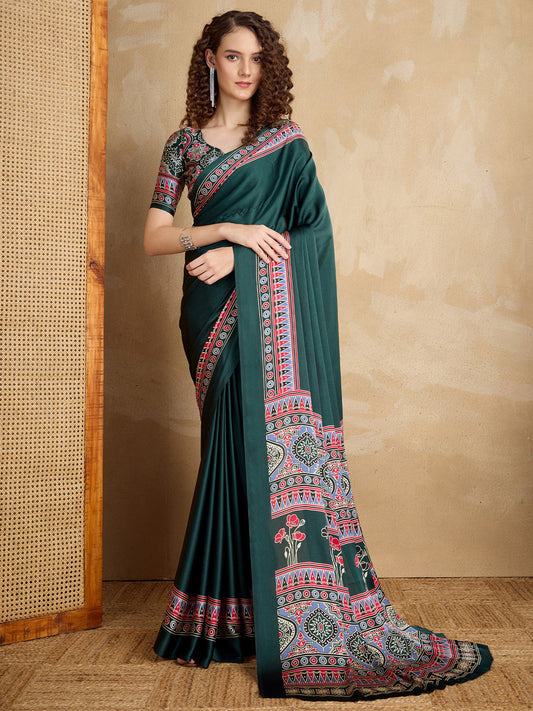 Deep Green Satin Crape Saree