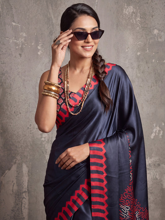 Navy Blue Modern Block & Mandala Print Satin Saree