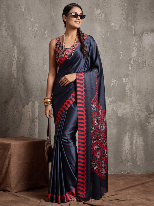 Navy Blue Modern Block & Mandala Print Satin Saree