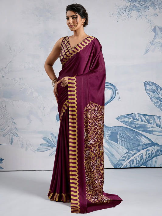Deep Wine Satin crape Saree