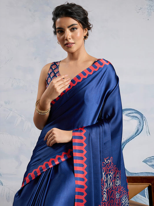 Navy Satin Silk Saree