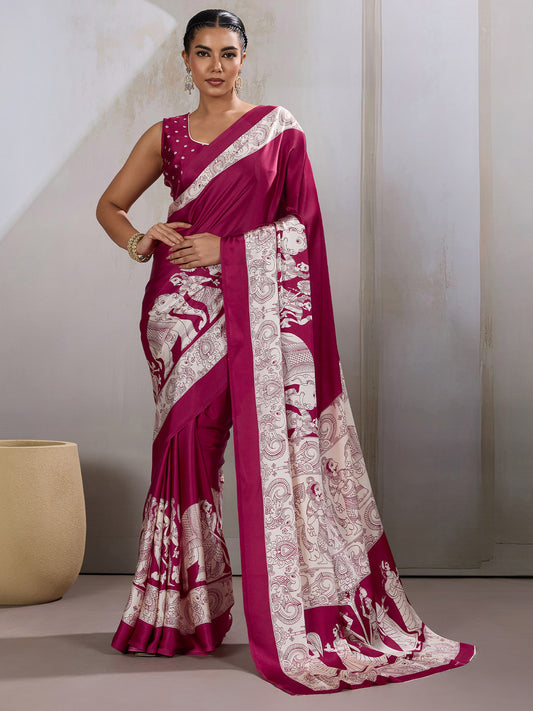 Deep Magenta Satin Silk Saree with Kalamkari Print Pallu