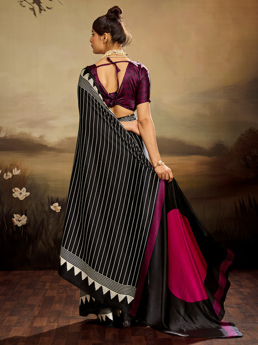Black & White Striped Ikat Silk Saree